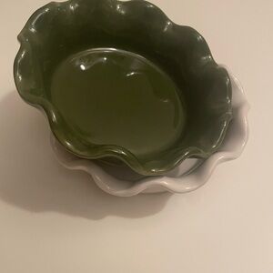 Emily Henry French 6” White and Green Ruffled Ceramic Baking Dish Set of 2